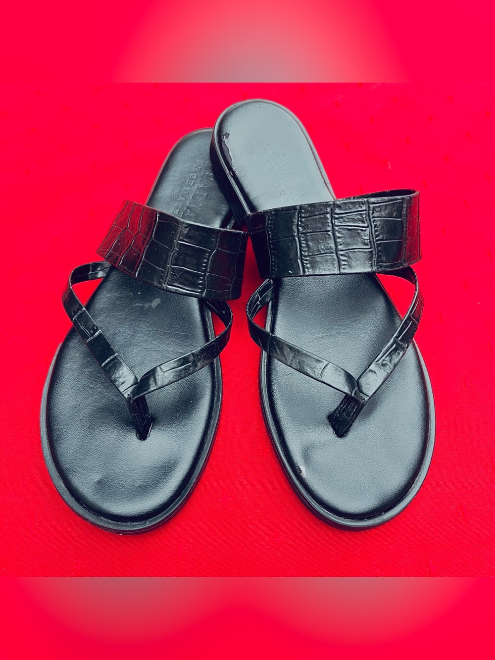 Italian Shoemakers Black Croc-Embossed Toe-Loop Slide Sandals